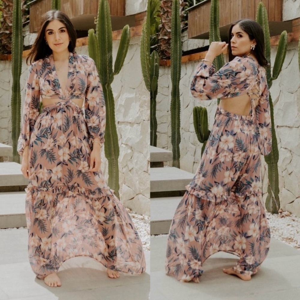 Dress Day Pink & Blue Floral Long Sleeve Lace-Up Back Maxi Dress Size Small